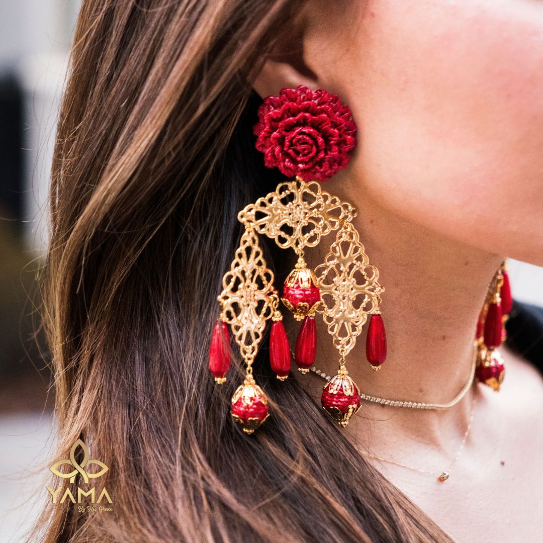 Red Flower & Gold Cascade Earrings