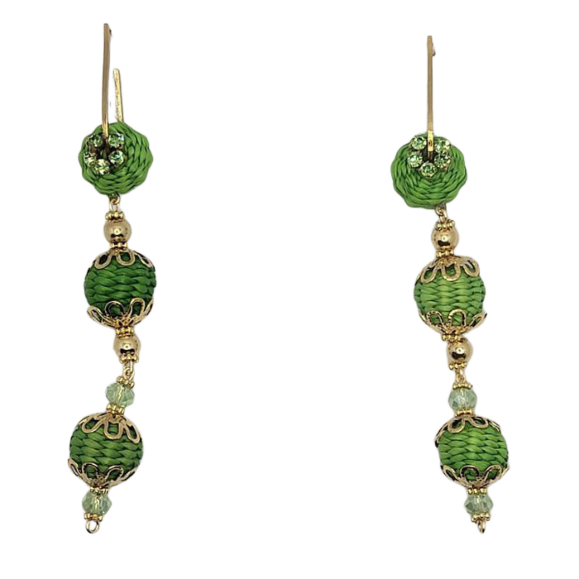 A pair of long earrings featuring a series of circular beads in red and gold colors, with intricate designs and decorations.