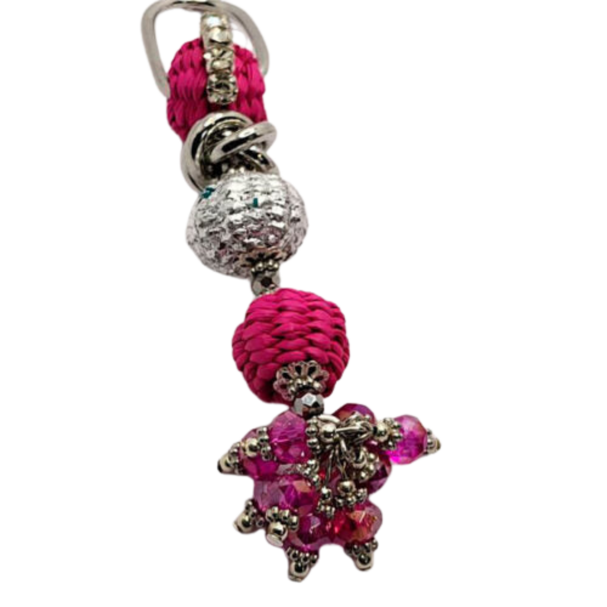 A pair of long earrings featuring a series of circular beads in pink and silver colors, with intricate designs and decorations.