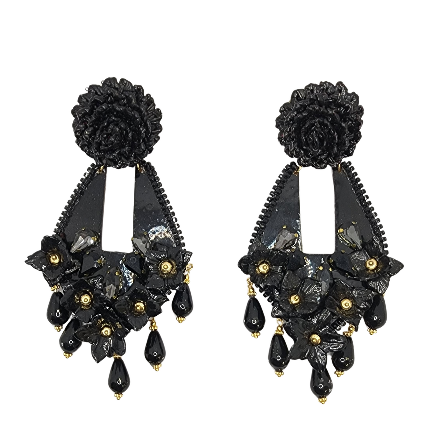 Fiber Black Flower Earrings