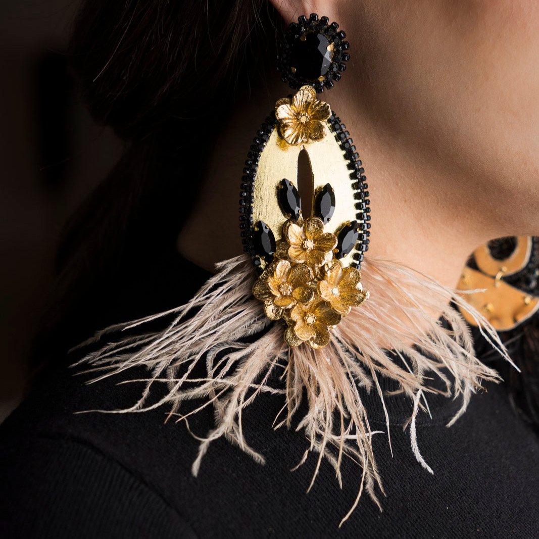 Gold & Black Feather Earrings
