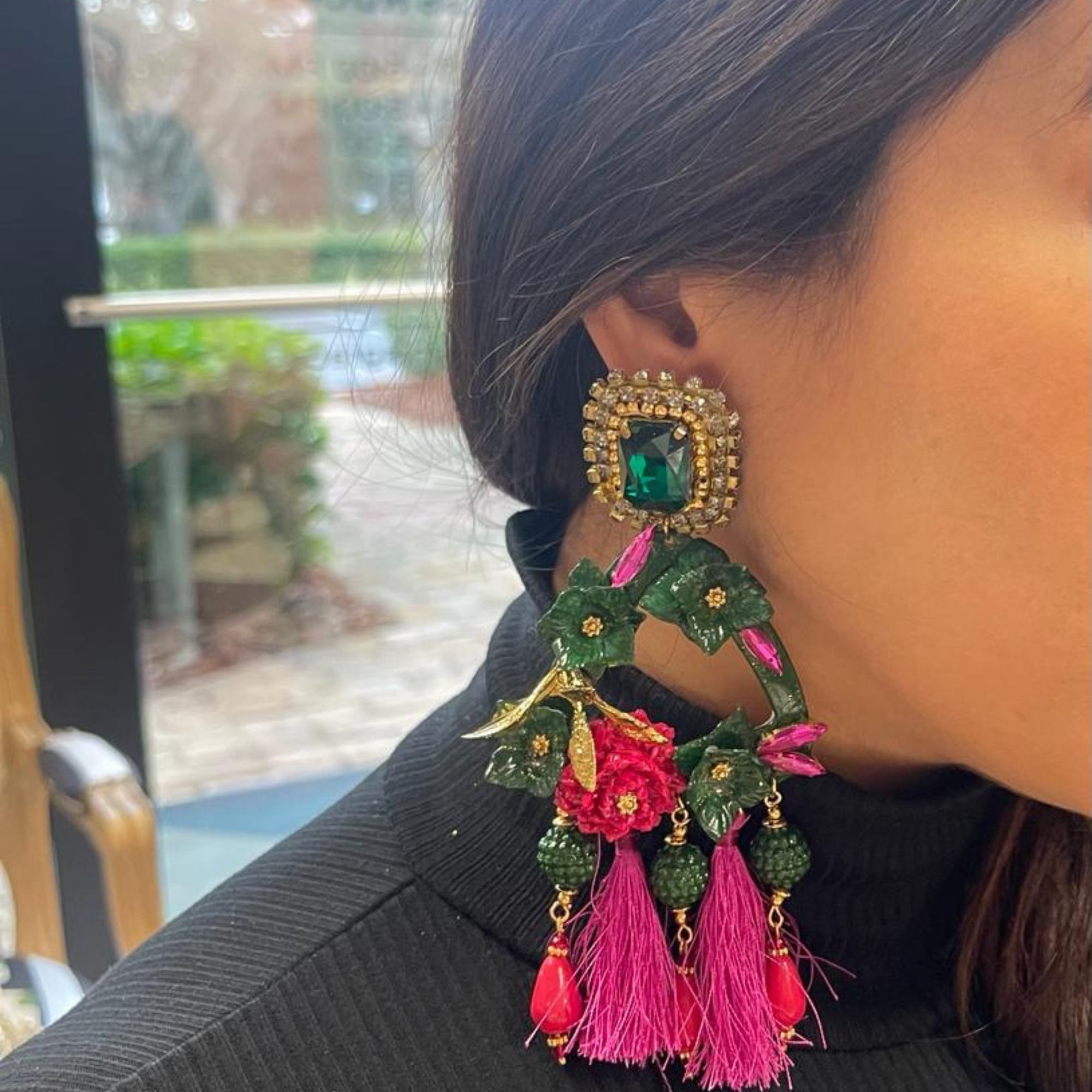 Green & Fuchsia Flower Earrings 2