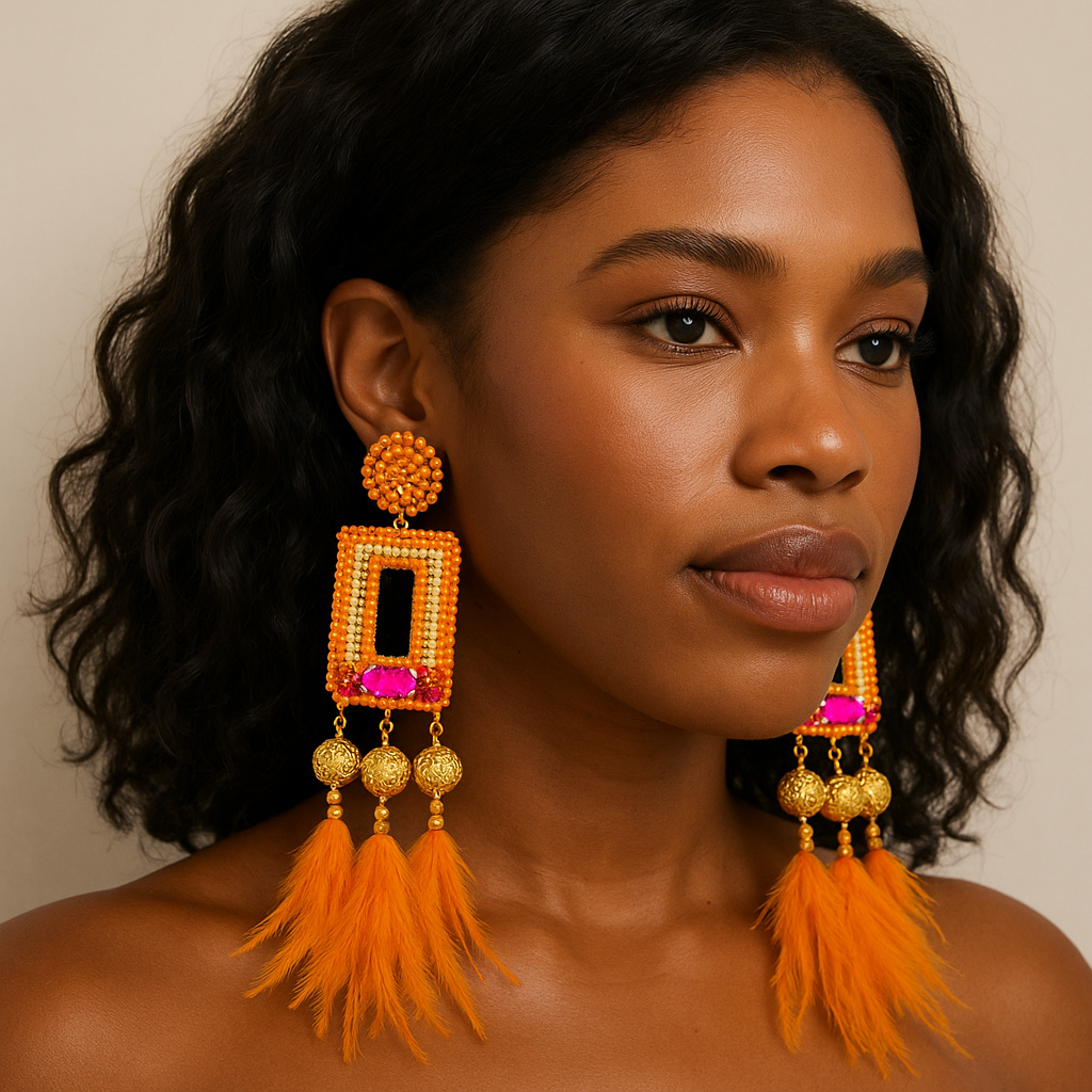 Close-up of a woman wearing large gold and fuchsia rectangular earrings with dangling spheres and black faux feathers for a striking, elegant look.