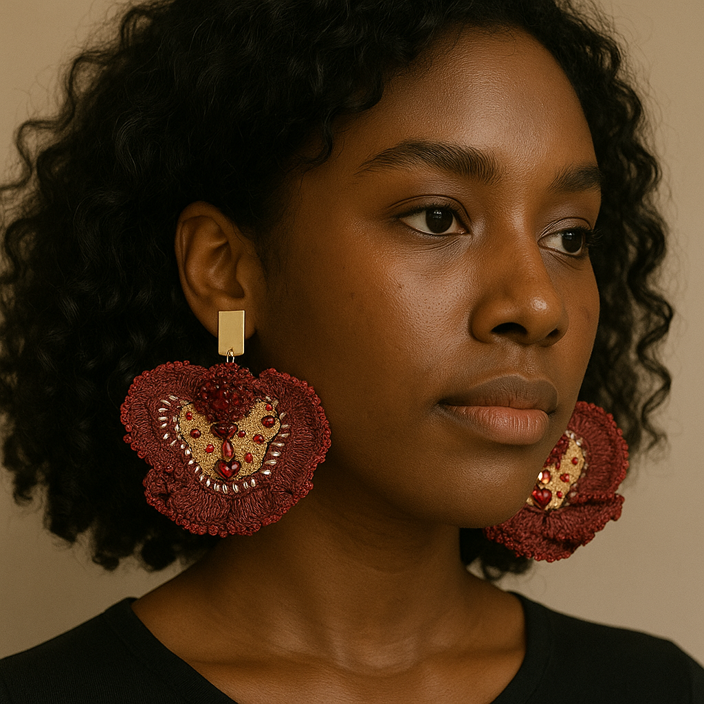 Model wearing red and gold embroidered round earrings