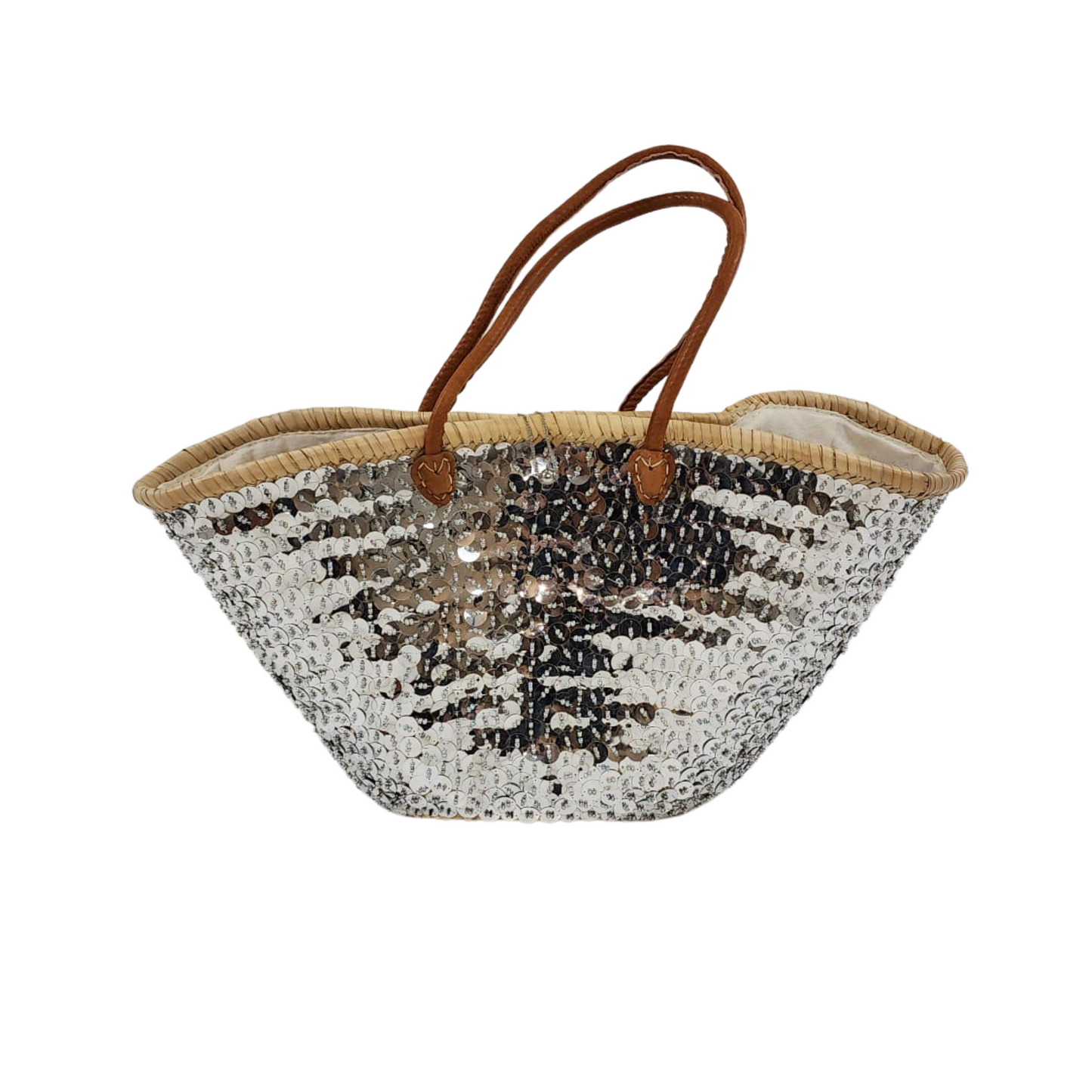 Silver Lentejuelón Bag with handcrafted sequin surface and leather handles on white background