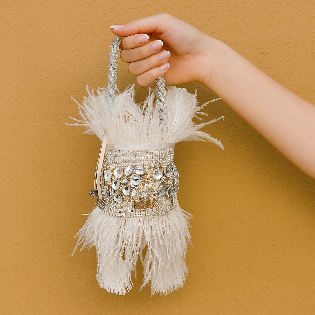 Model holding the Crystal Feather Bag with braided silver handle