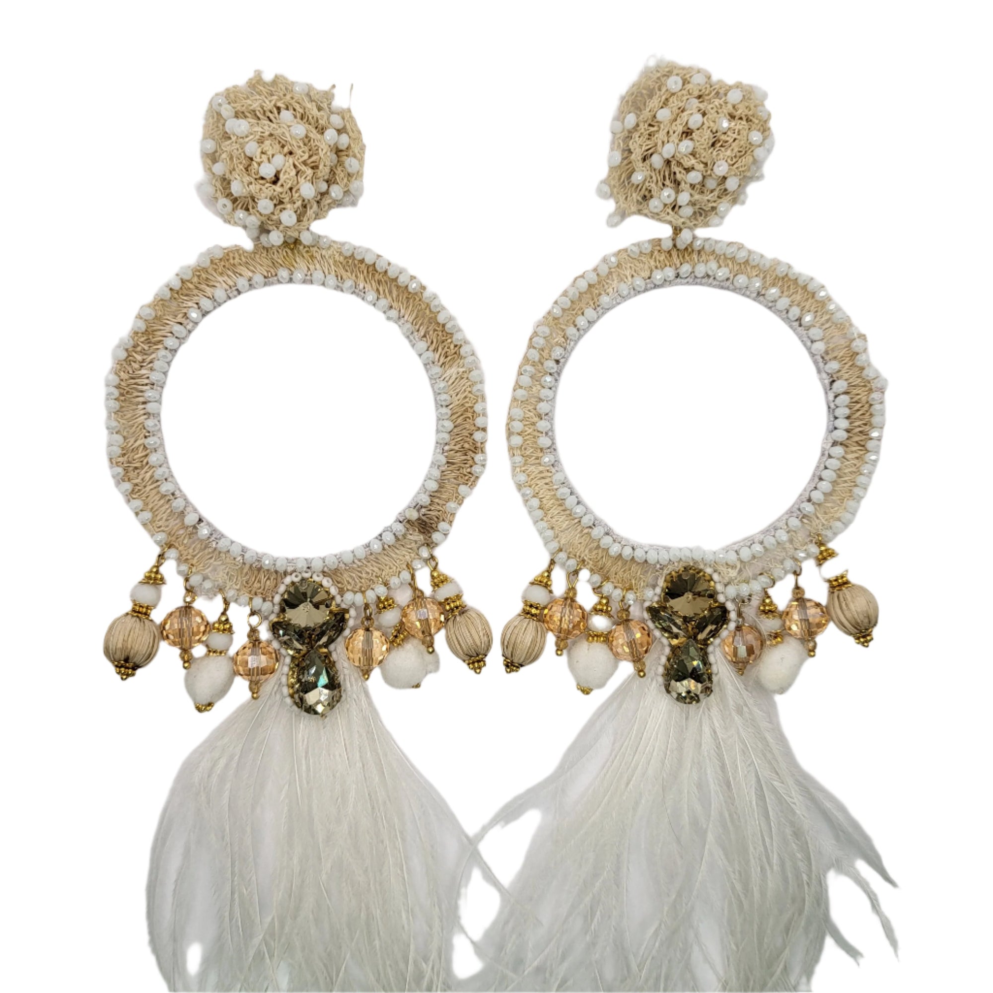 White Whole Moon Earrings with circular banana fiber embroidery, gemstone accents, and soft white feathers — artisan handcrafted jewelry