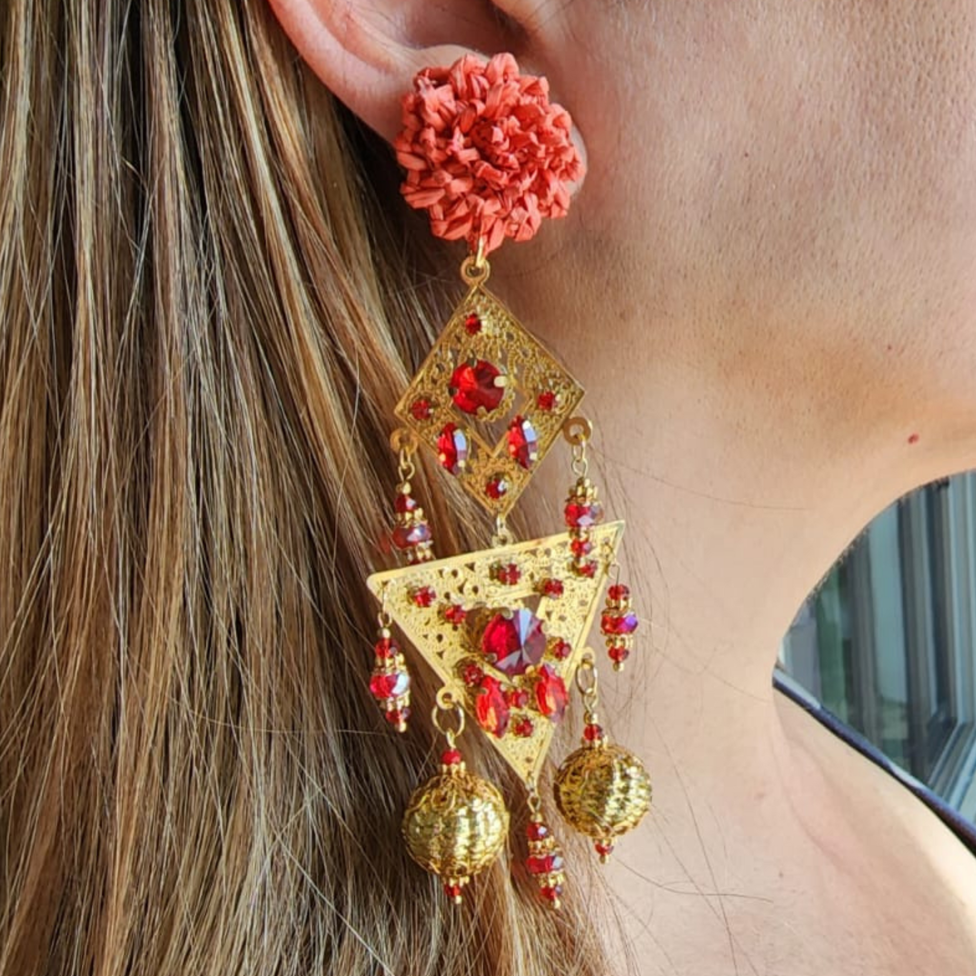 Flower Waterfall Red & Gold Earrings