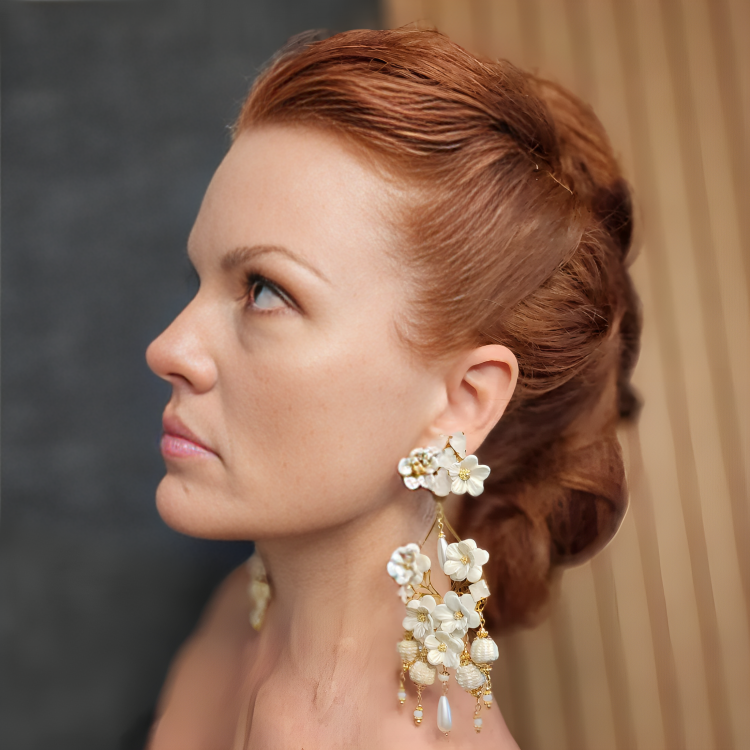 White Flower and Pearls Earrings