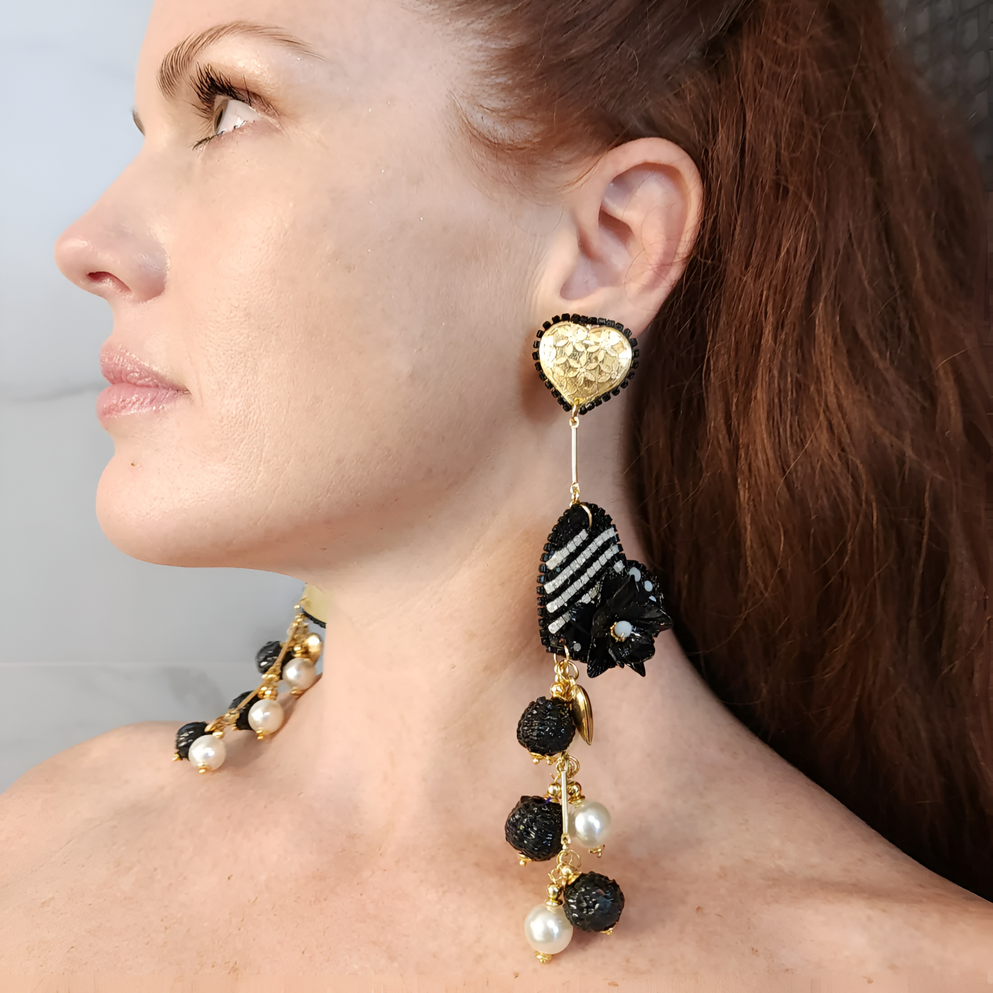 Black and Gold Heart Earrings