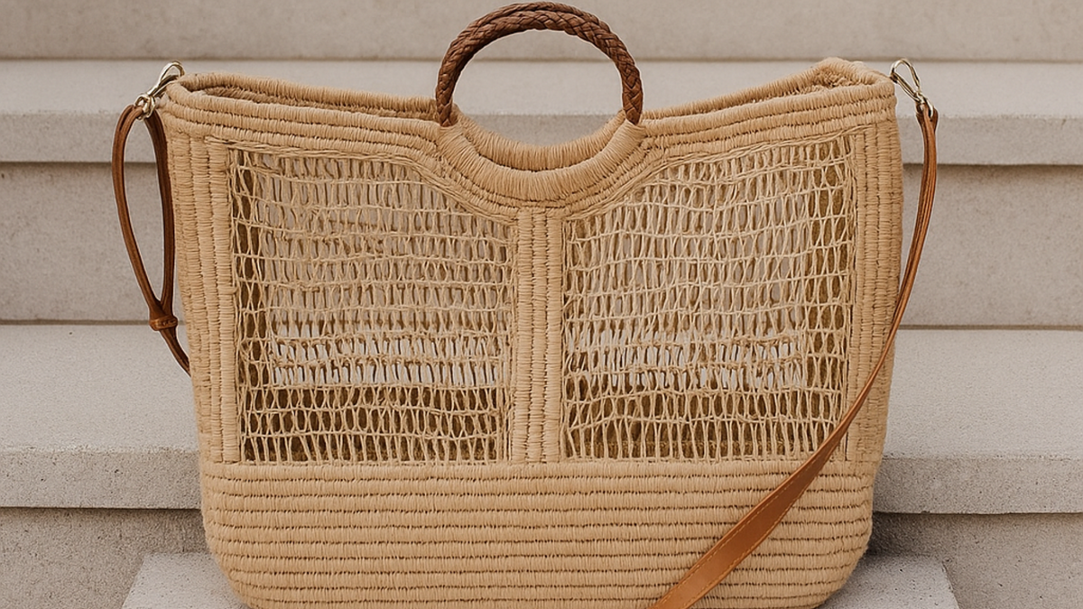 Close-up of Enea Leather Beach Bag with woven Enea fiber and braided leather strap on stone steps