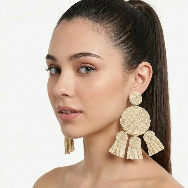 Genesis Boho Handwoven Natural Fiber Statement Earrings Handcrafted Boho Natural Fiber Earrings
