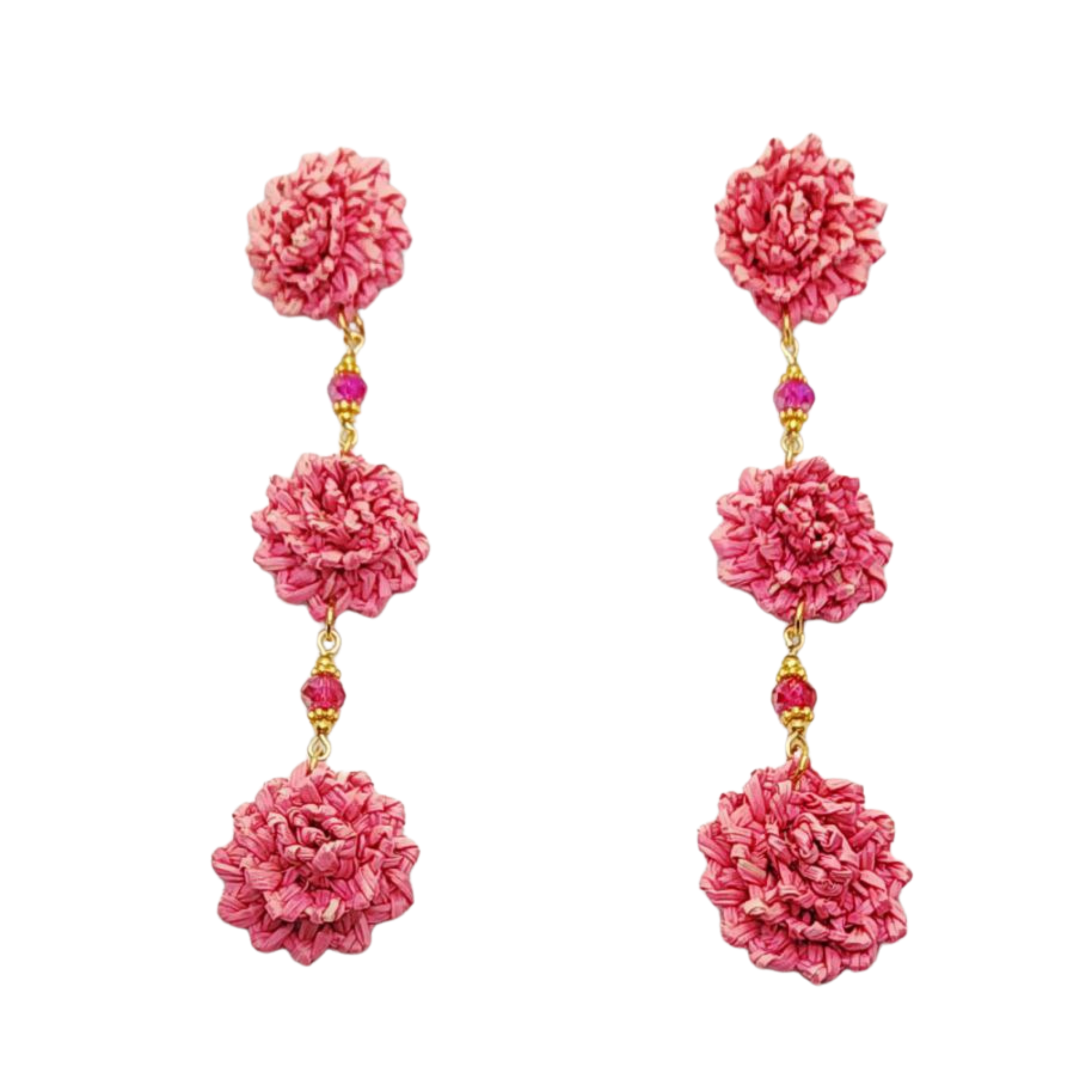 Pair of pink floral earrings with gold accents on a white background