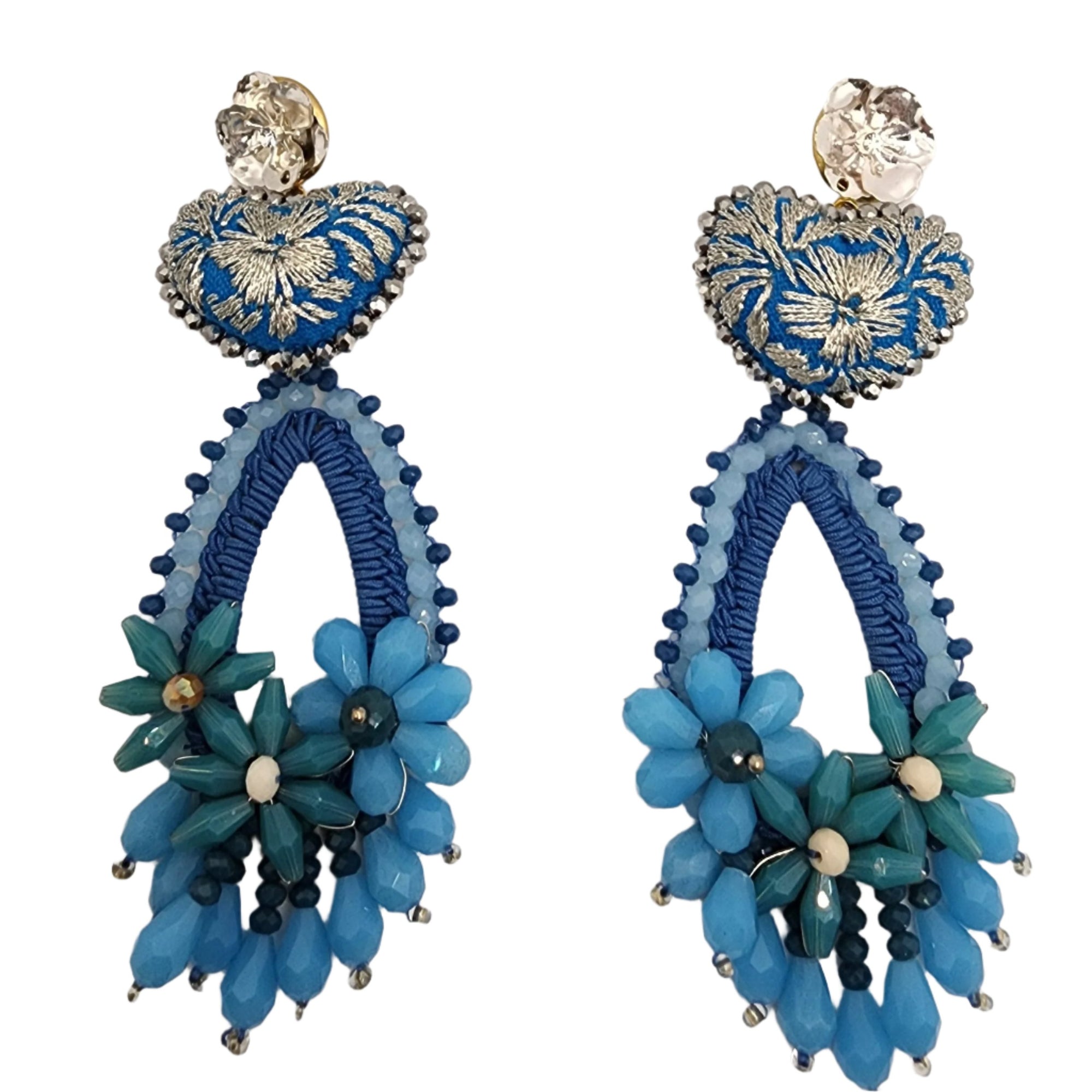 Blue Heart and Flower Long Earrings