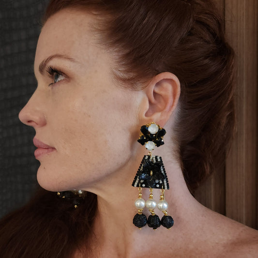 Fiber Triangle Black & White Earrings