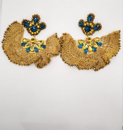 Blue & Gold Half Moon Earrings