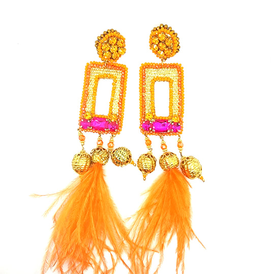 Orange Dangling Feather Earrings