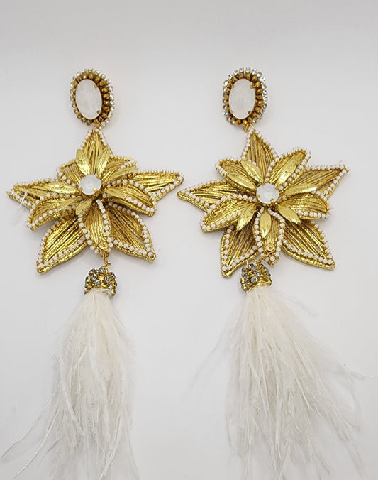 Gold Flower Feathers Earring