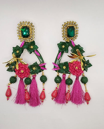 Green & Fuchsia Flower Earring