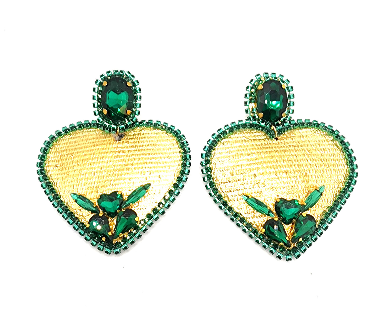 Golden Heart Earrings with Emerald Accents