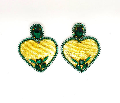 Golden Heart Earrings with Emerald Accents