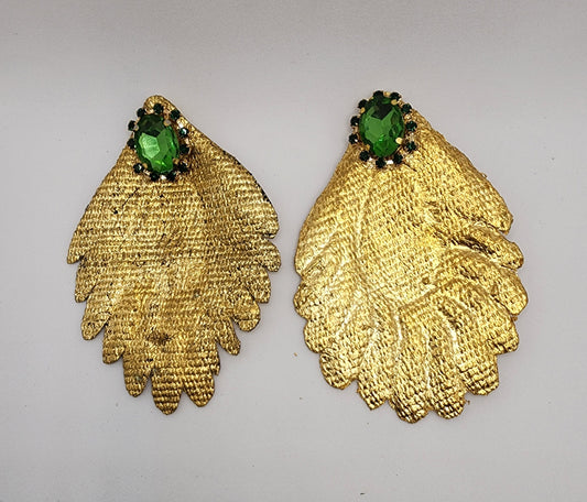 Golden Leaf Earrings with Emerald Accents