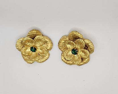 Golden Floral Earrings with Green Crystal