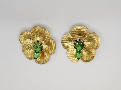 Golden Floral Earrings with Green Crystal