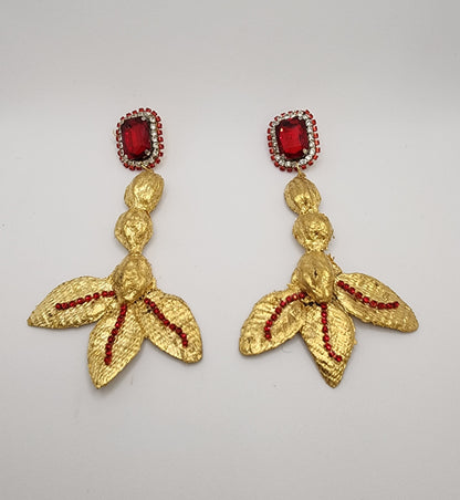 Gold Dangle Earrings with Red Crystals and Leaf Details