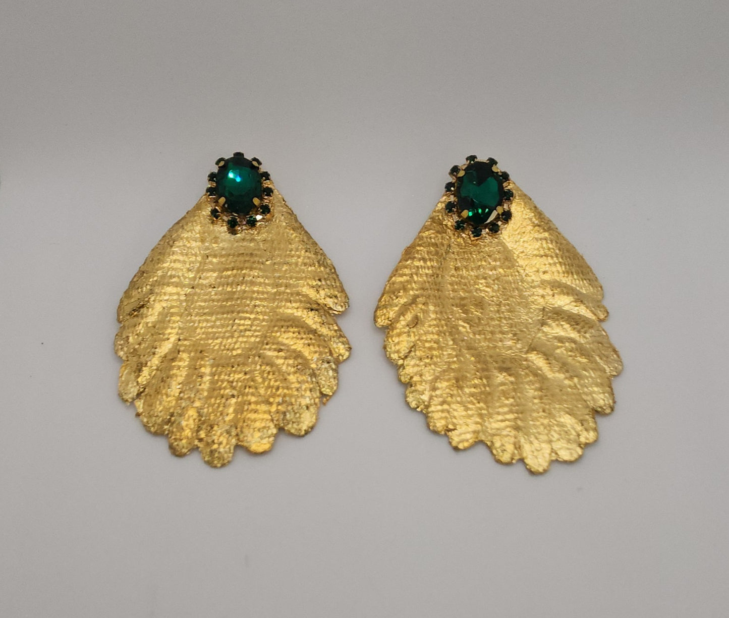 Golden Leaf Earrings with Emerald Accents