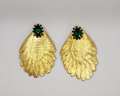 Golden Leaf Earrings with Emerald Accents