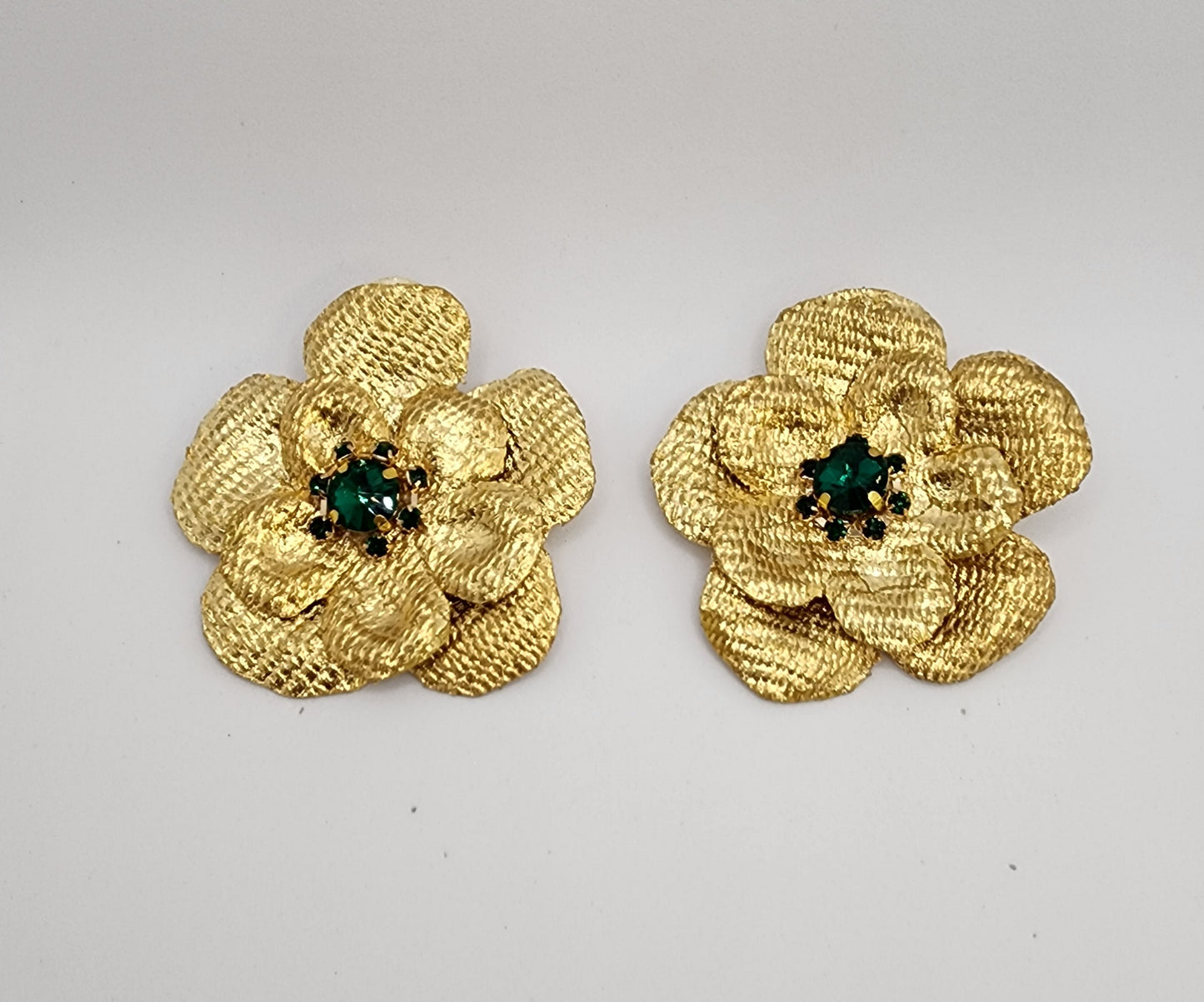 Golden Floral Earrings with Green Crystal