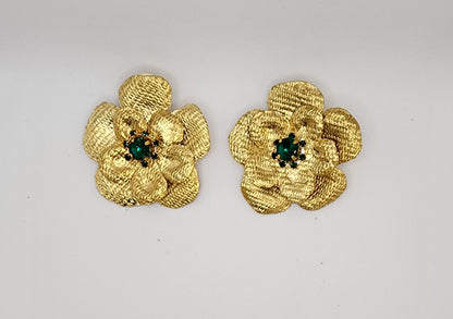 Golden Floral Earrings with Green Crystal