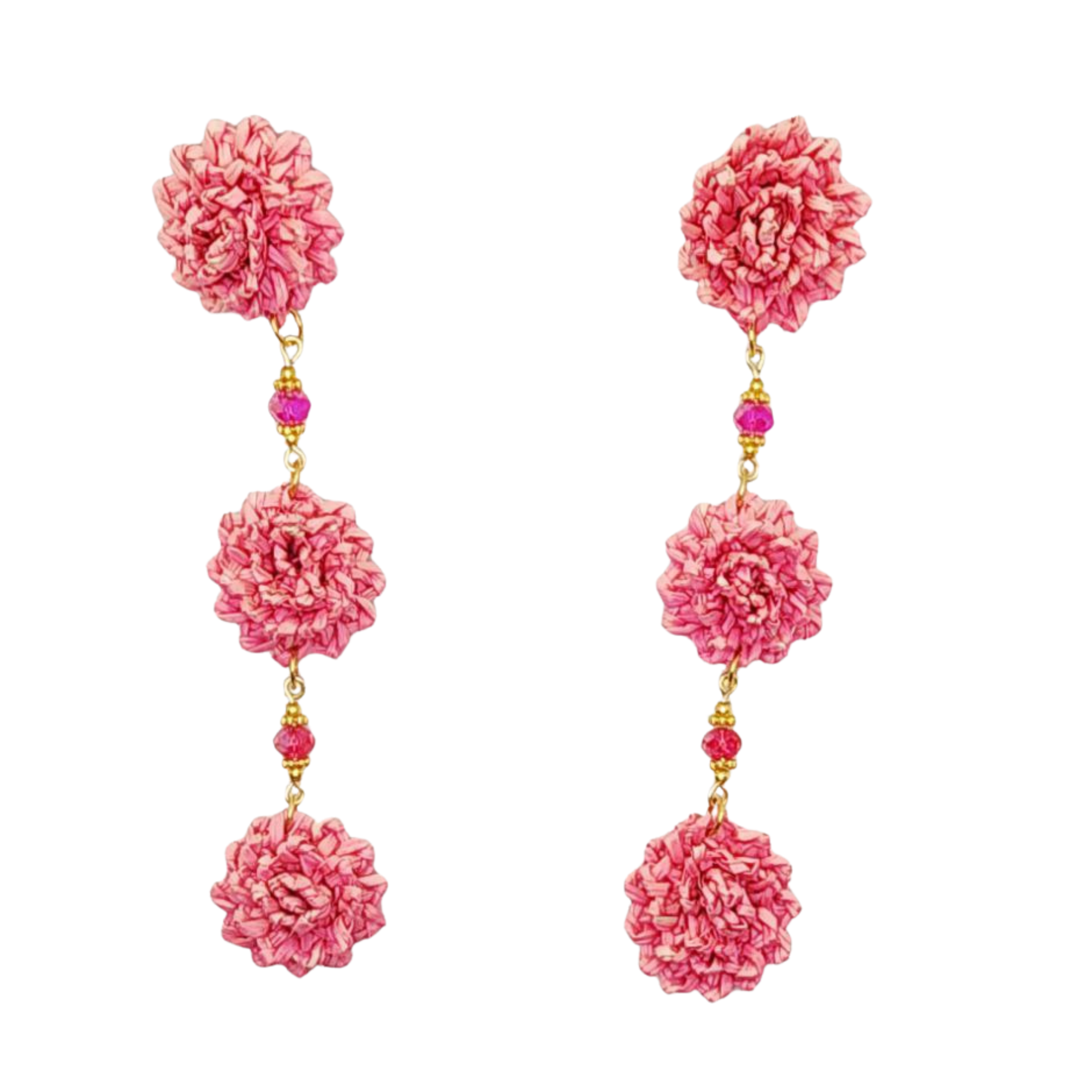 Pair of pink floral earrings with gold accents on a white background