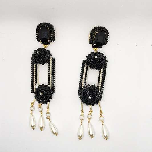 Fiber Rectangle Black & White Earrings