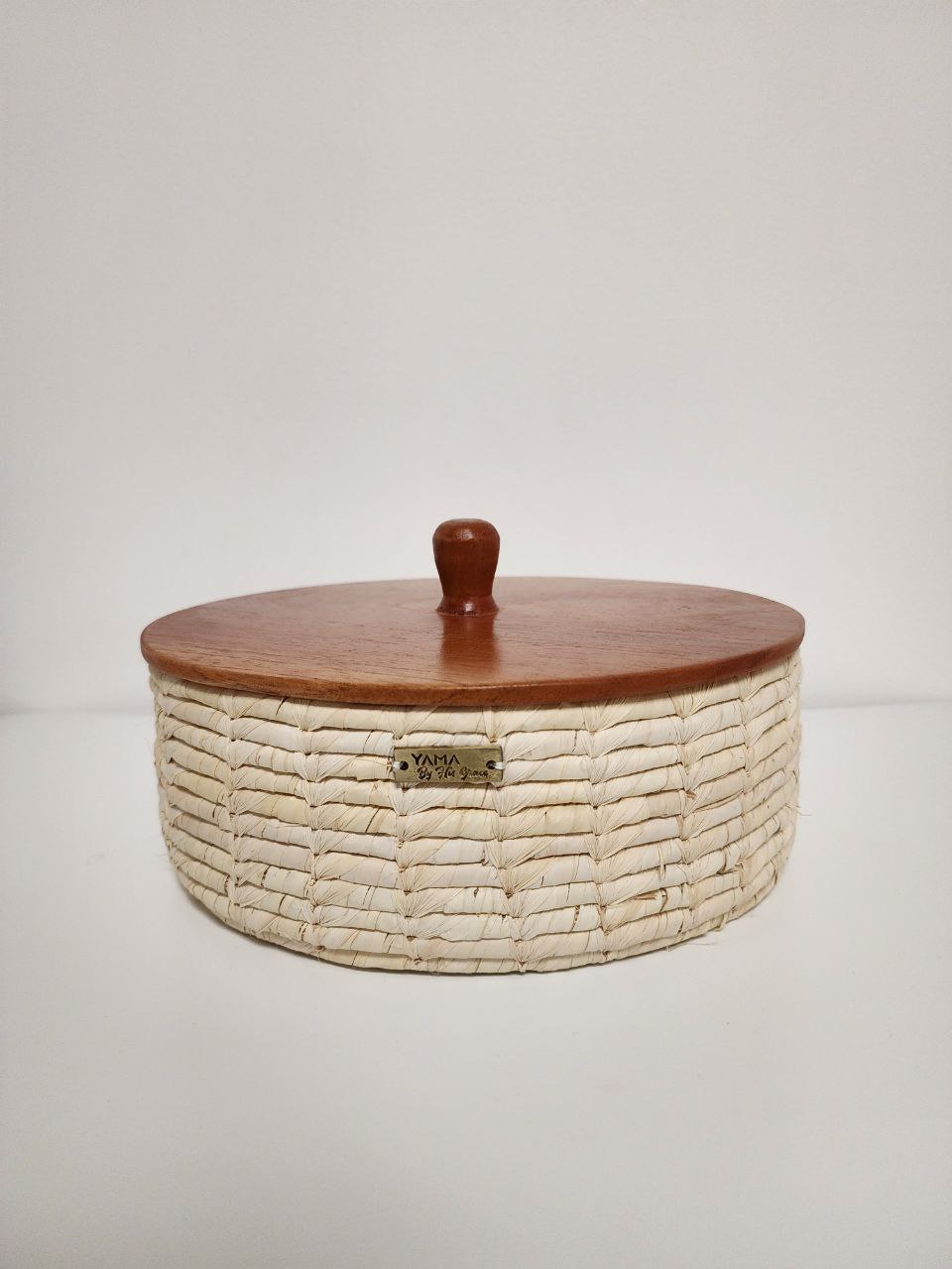 Artisanal Vegetal Fiber Basket with Wood lead