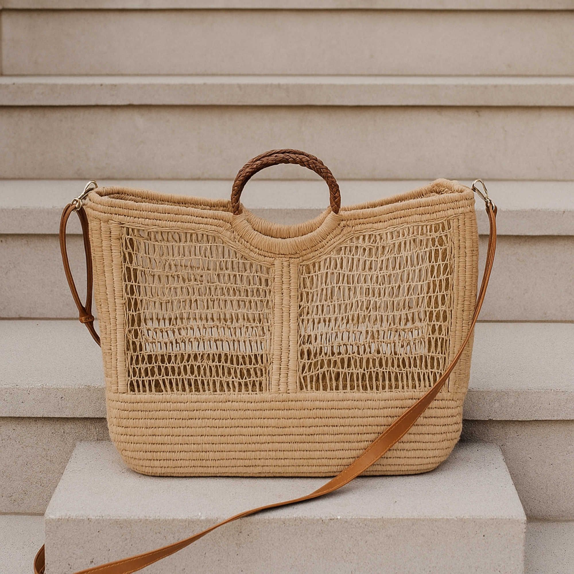 Close-up of Enea Leather Beach Bag with woven Enea fiber and braided leather strap on stone steps