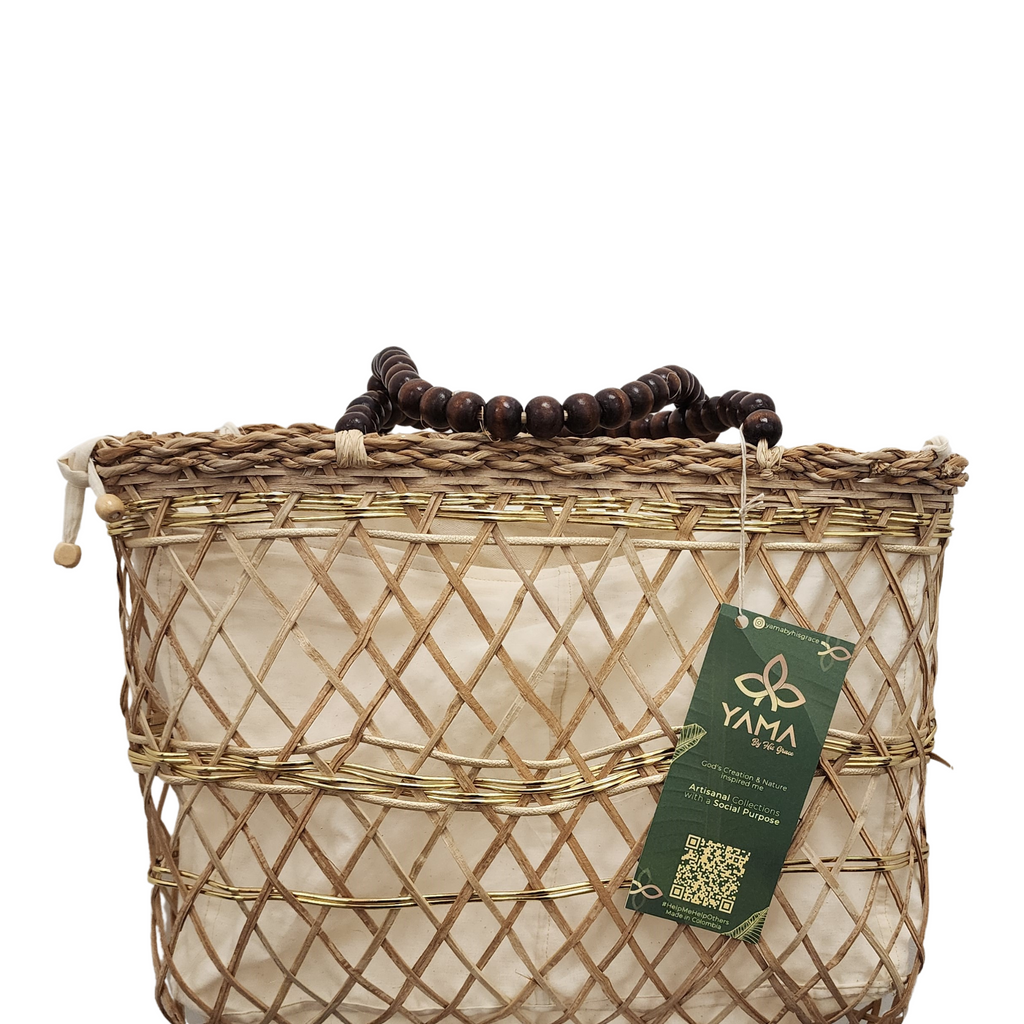 Bejuco & Macrame Gold Handbag with crisscross banana fiber weave, ivory fabric lining, dark wooden bead handles, and branded Yama hang tag