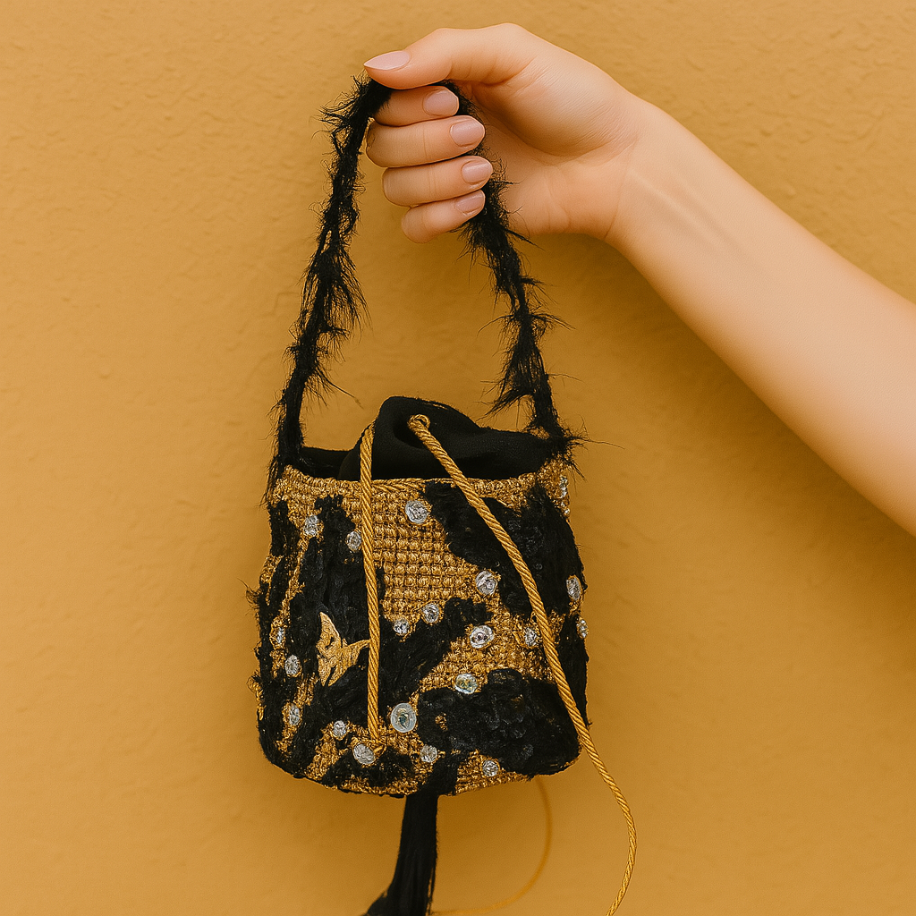 Hand holding a black and gold minaudière bag with crystal details and feathered strap, displayed against a yellow wall background.