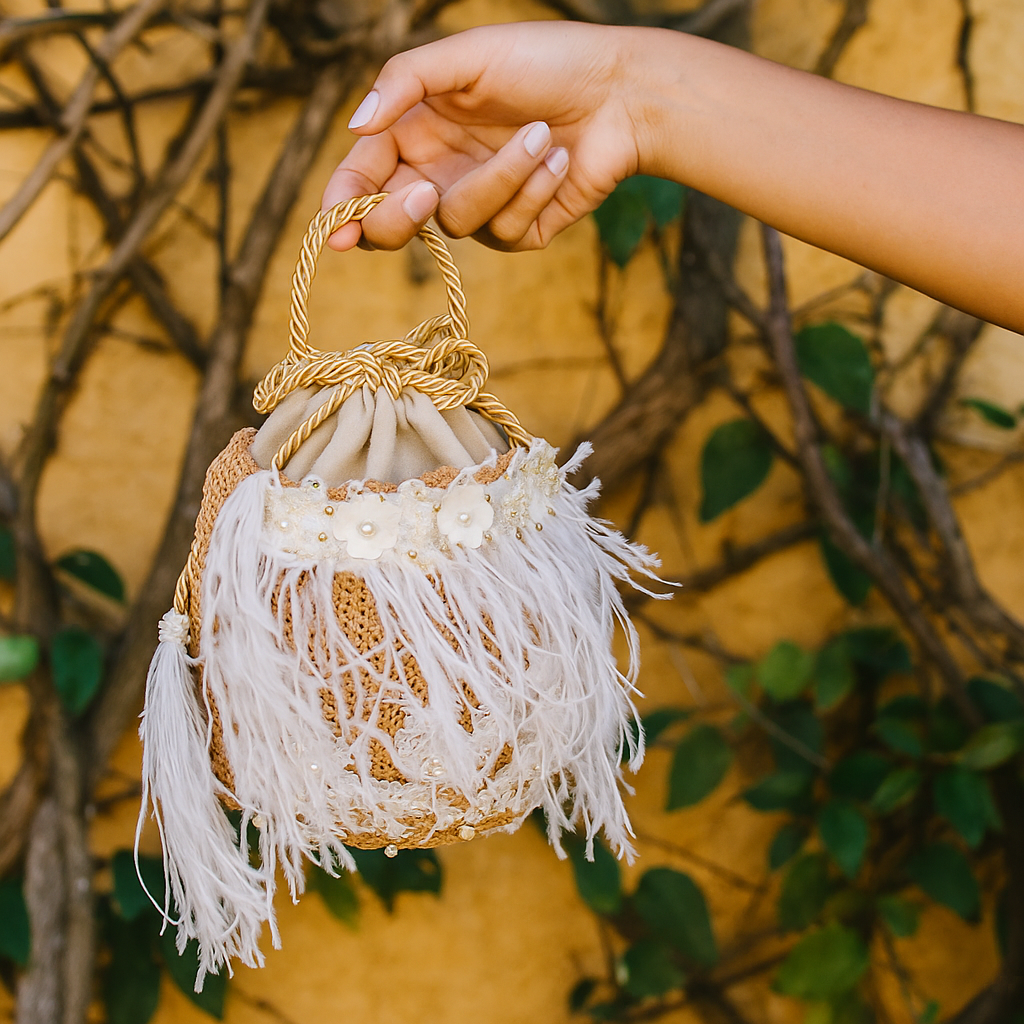 Hand holding the Ivory Embellished Bucket Bag with floral detailing, feathers, and crystals against a leafy outdoor wall