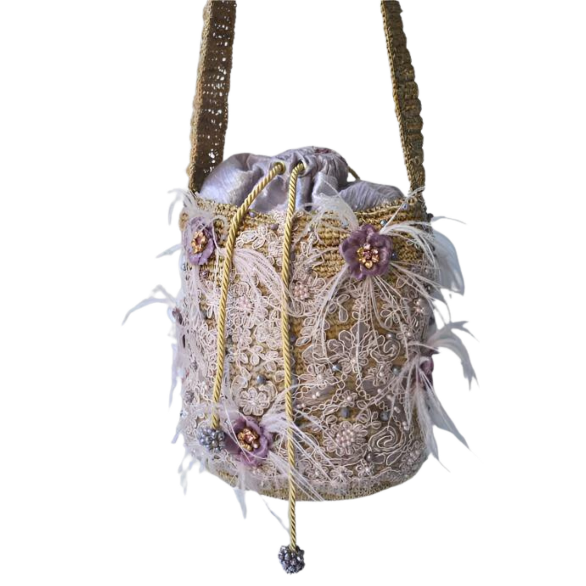 Lavender Embellished Bucket Bag with purple floral embroidery, crystal detailing, feathers, and a gold drawstring and strap on white background