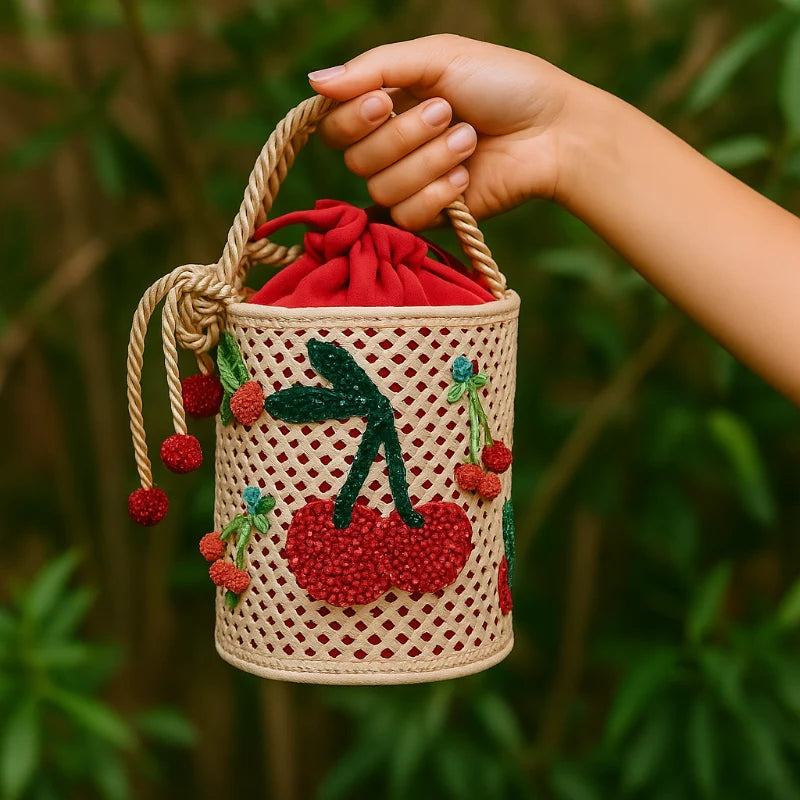 Crafted with exquisite detail, the Cherry Bag is made from handwoven banana fiber and features a charming cherry design made from red and green beads