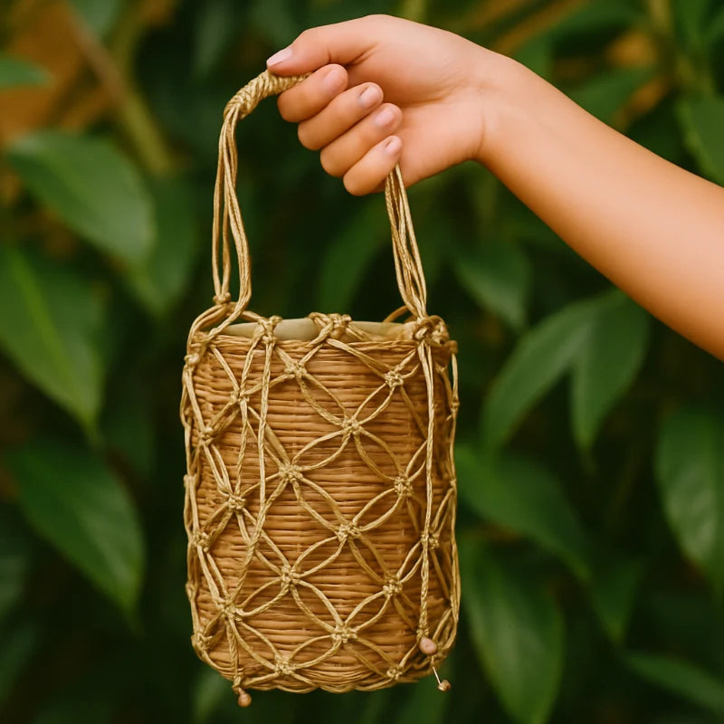 This handcrafted bag is made from durable wicker fiber and features delicate hand-embroidered flowers accented with golden ribbon.