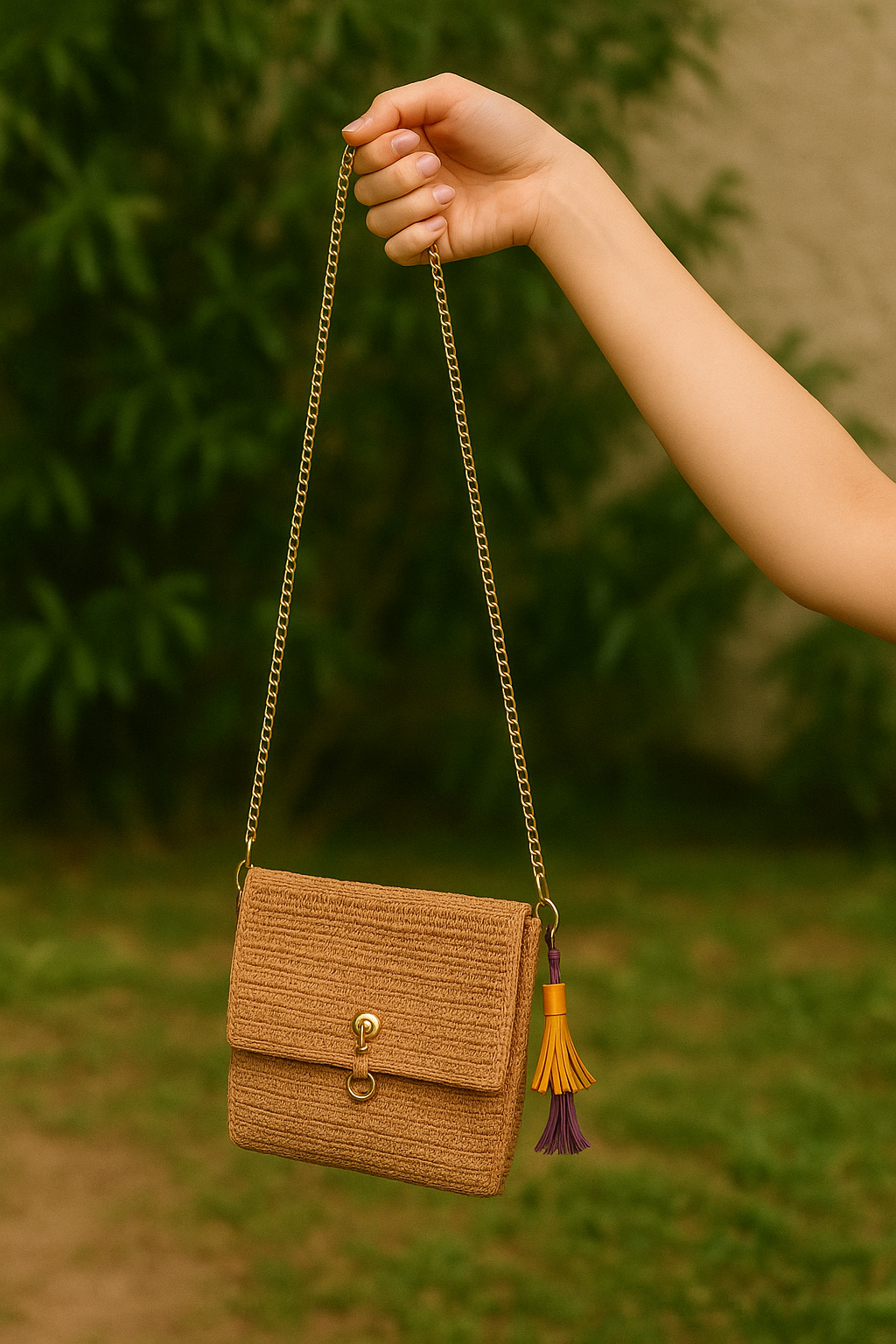 Tan woven crossbody bag with gold chain strap and purple tassel, held by hand