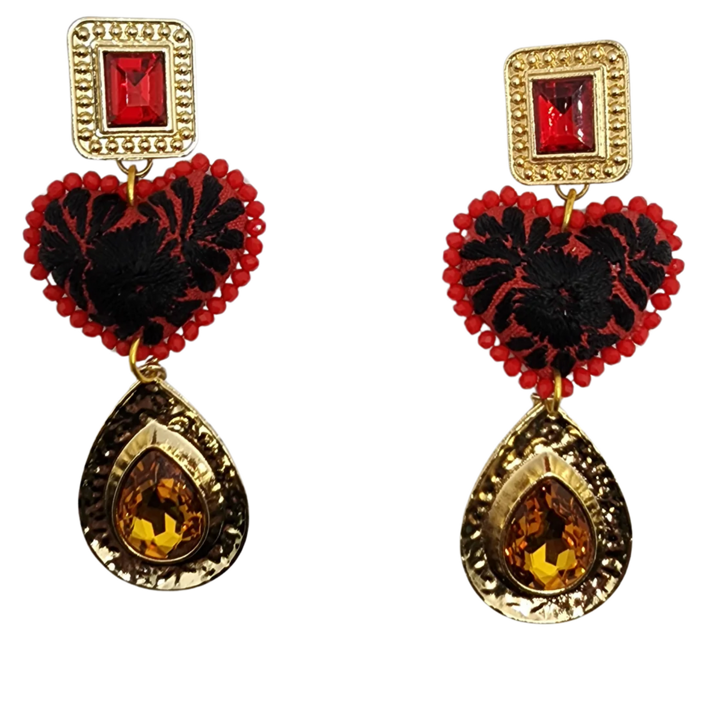 Embroidered Red and Black Heart Earrings