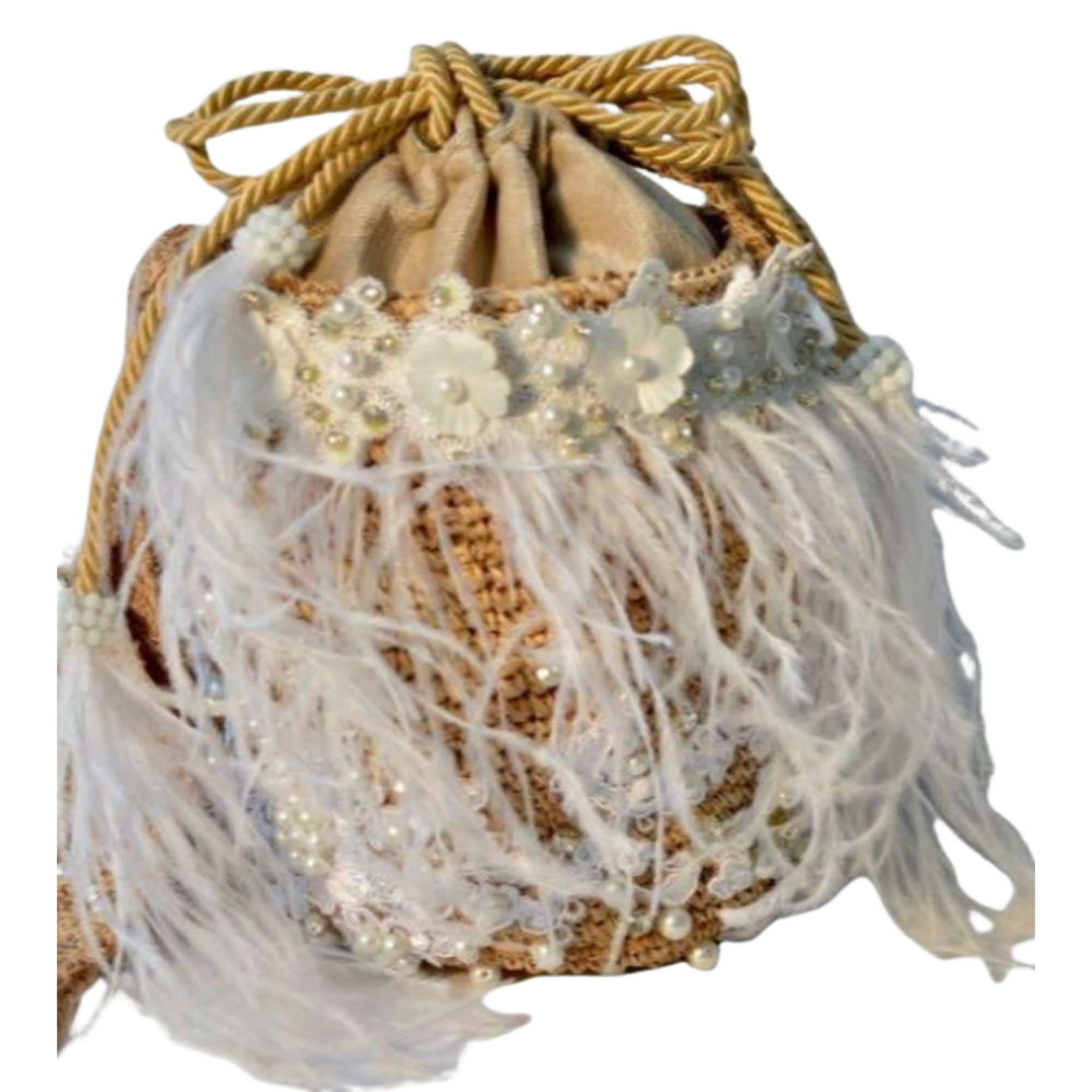 Ivory Embellished Bucket Bag with lace embroidery, pearls, and white feather fringe on white background