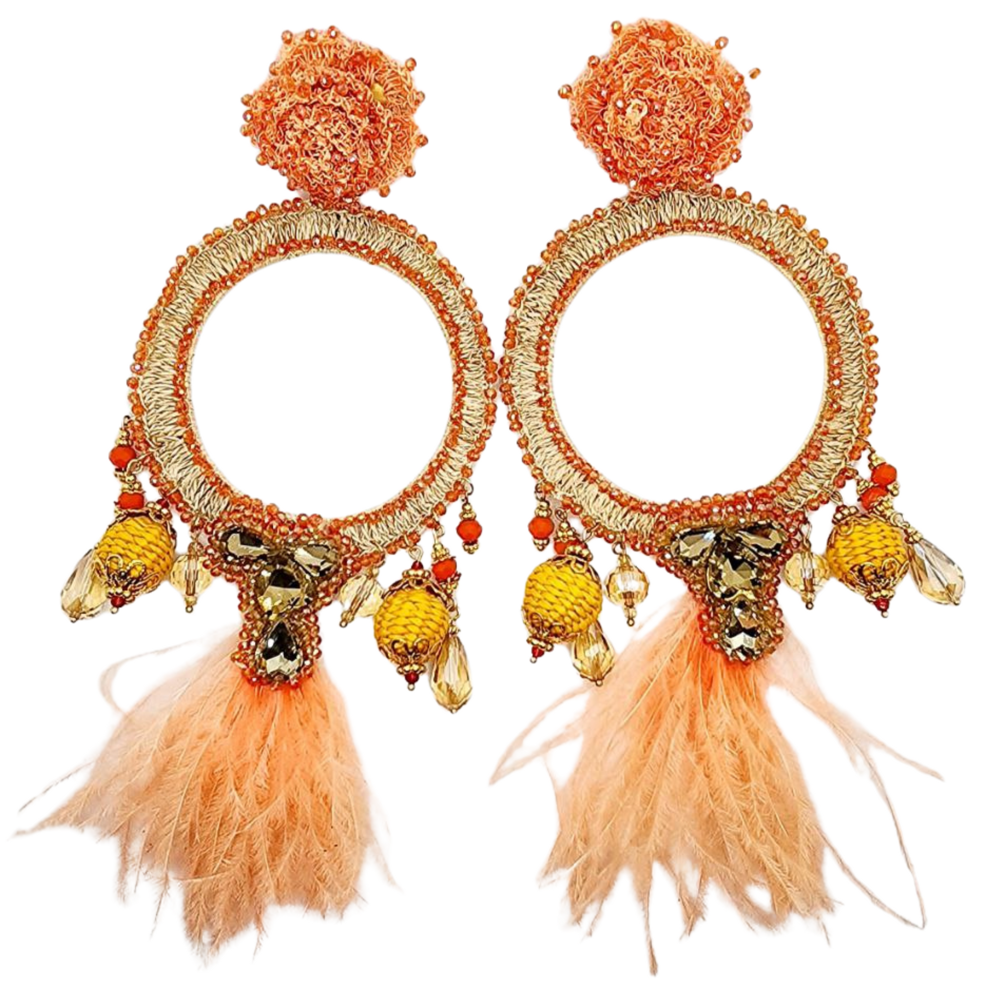 Feather Whole Moon Earrings with circular banana fiber embroidery, flower detail, gemstones, and soft peach feathers — artisan handcrafted jewelry