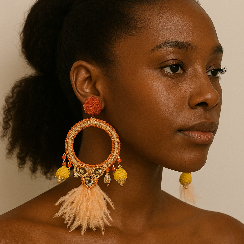 Studio model wearing Feather Whole Moon Earrings with circular banana fiber embroidery, gemstone details, and peach feathers — artisan statement piece