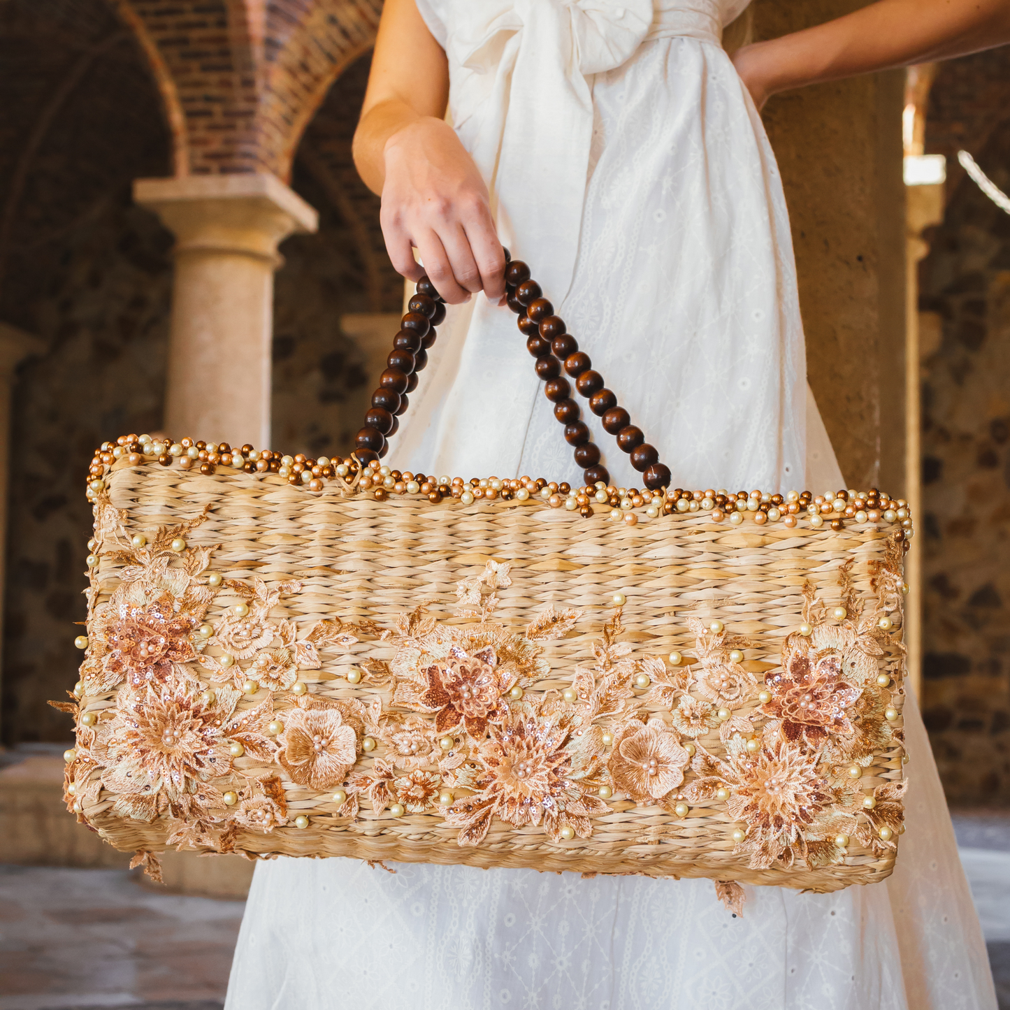 Floral Wicker Handbag with Pearls