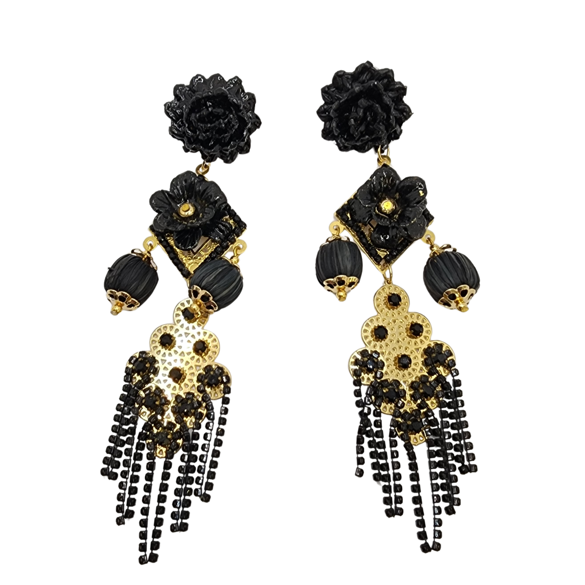 Flower & Flower Black Earrings with sculpted floral design, cascading black beads, and gold filigree — artisan handcrafted jewelry